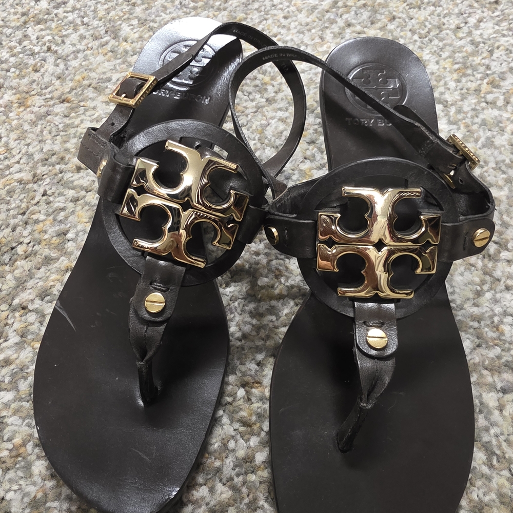 Tory Burch Black Sandals with Gold Accents